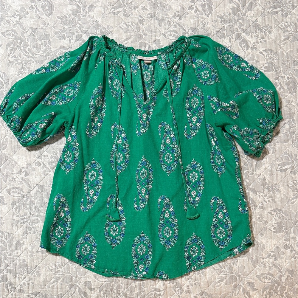 Knox Rose Green Paisley Tie-Neck Peasant Blouse